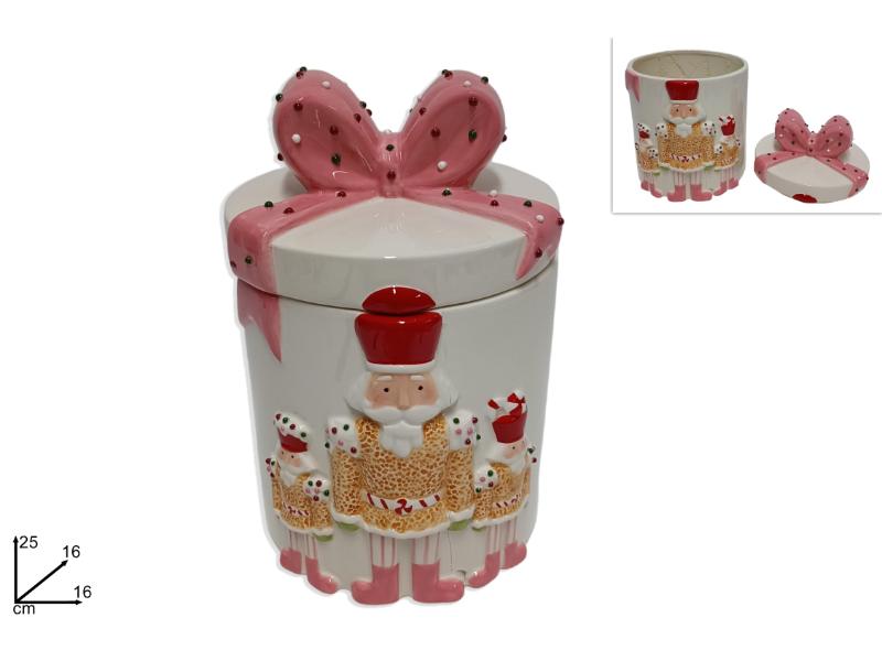 BARATTOLO TONDO CERAMICA C/ FIOCCO 25CM C/ SCHIACCIANOCI DECORO CANDY 30