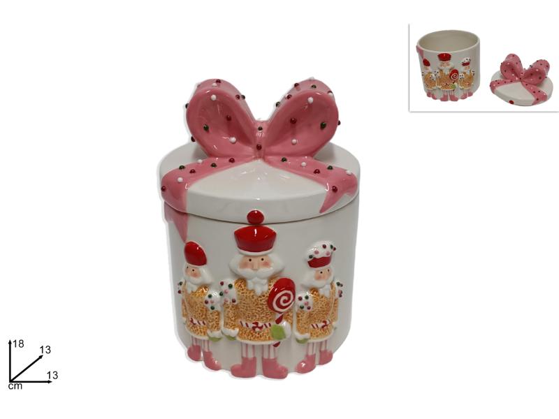 BARATTOLO TONDO CERAMICA C/ FIOCCO 18CM C/ SCHIACCIANOCI DECORO CANDY 30