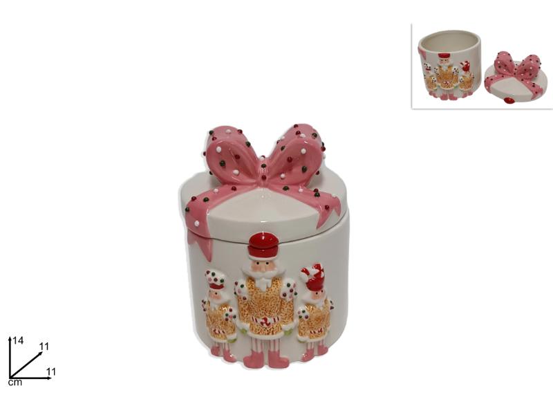 BARATTOLO TONDO CERAMICA C/ FIOCCO 14CM C/ SCHIACCIANOCI DECORO CANDY