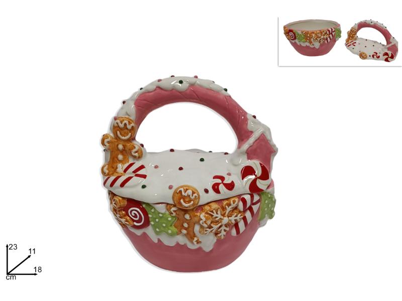 BARATTOLO CESTO CERAMICA C/ MANICO 23CM DECORO CANDY