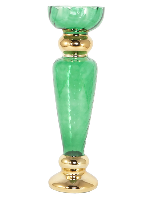 PORTA CANDELA VERDE/ORO VETRO D.15XH.50 CM