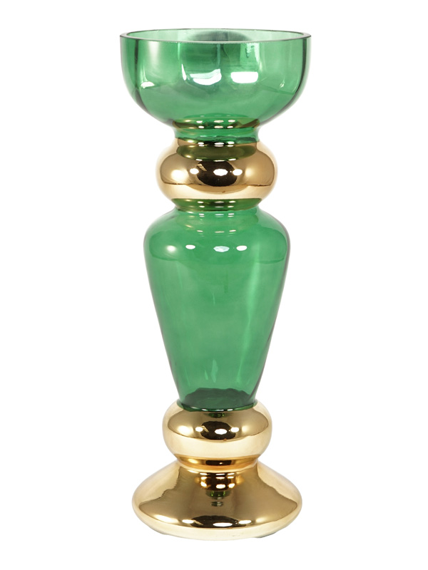 PORTA CANDELA VERDE/ORO VETRO D.15XH.40 CM