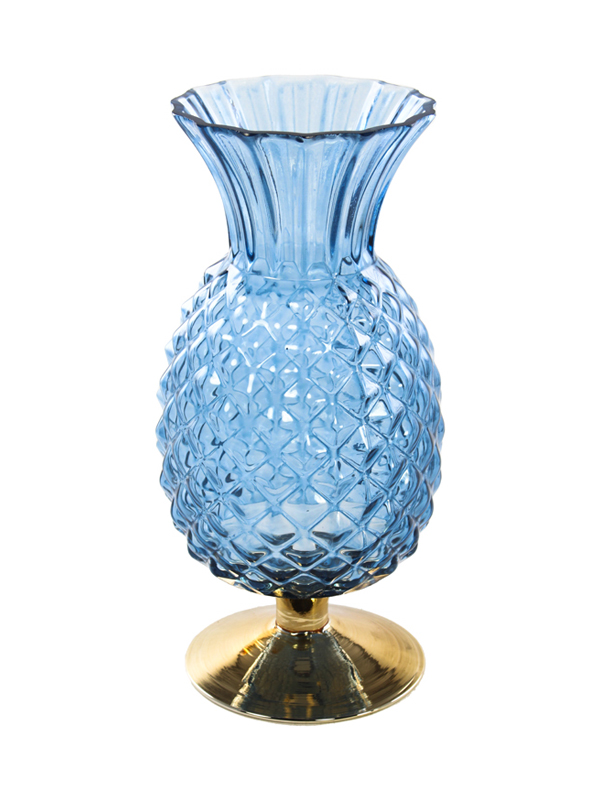 VASO ANANAS BLU/ORO D.14X32CM VETRO