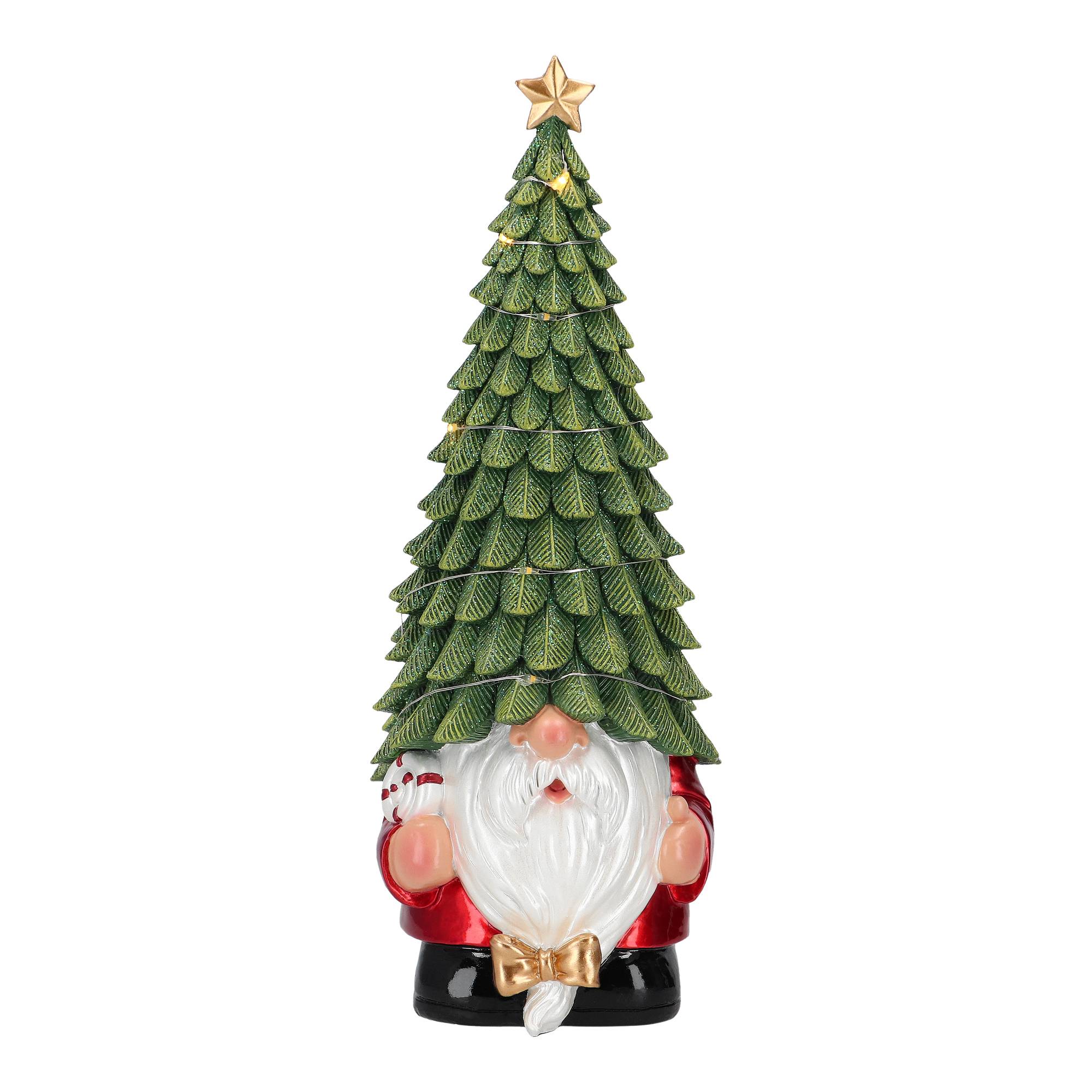 Gnome with led tree on head poly (11x11x29,5cm)green led